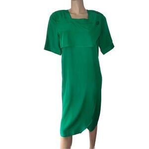Vintage 80s Simon Chang Green Midi Shift Dress Overlay Square Neck Size 4 Office